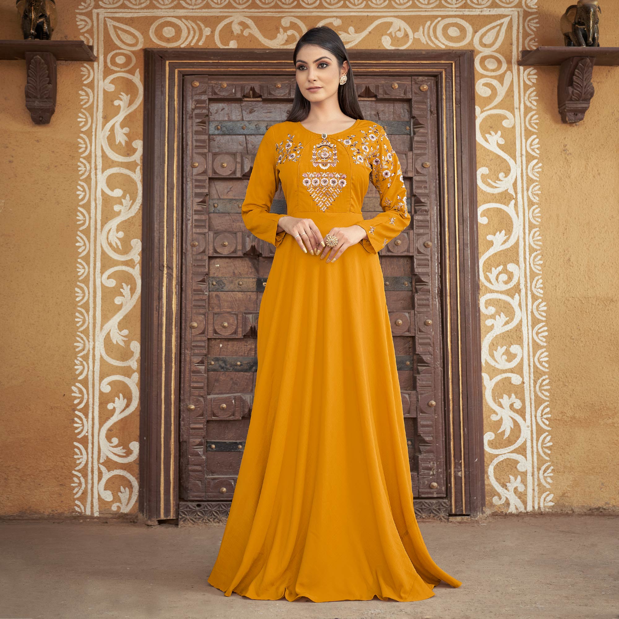 Mustard Floral Embroidered Muslin Gown - Image 4