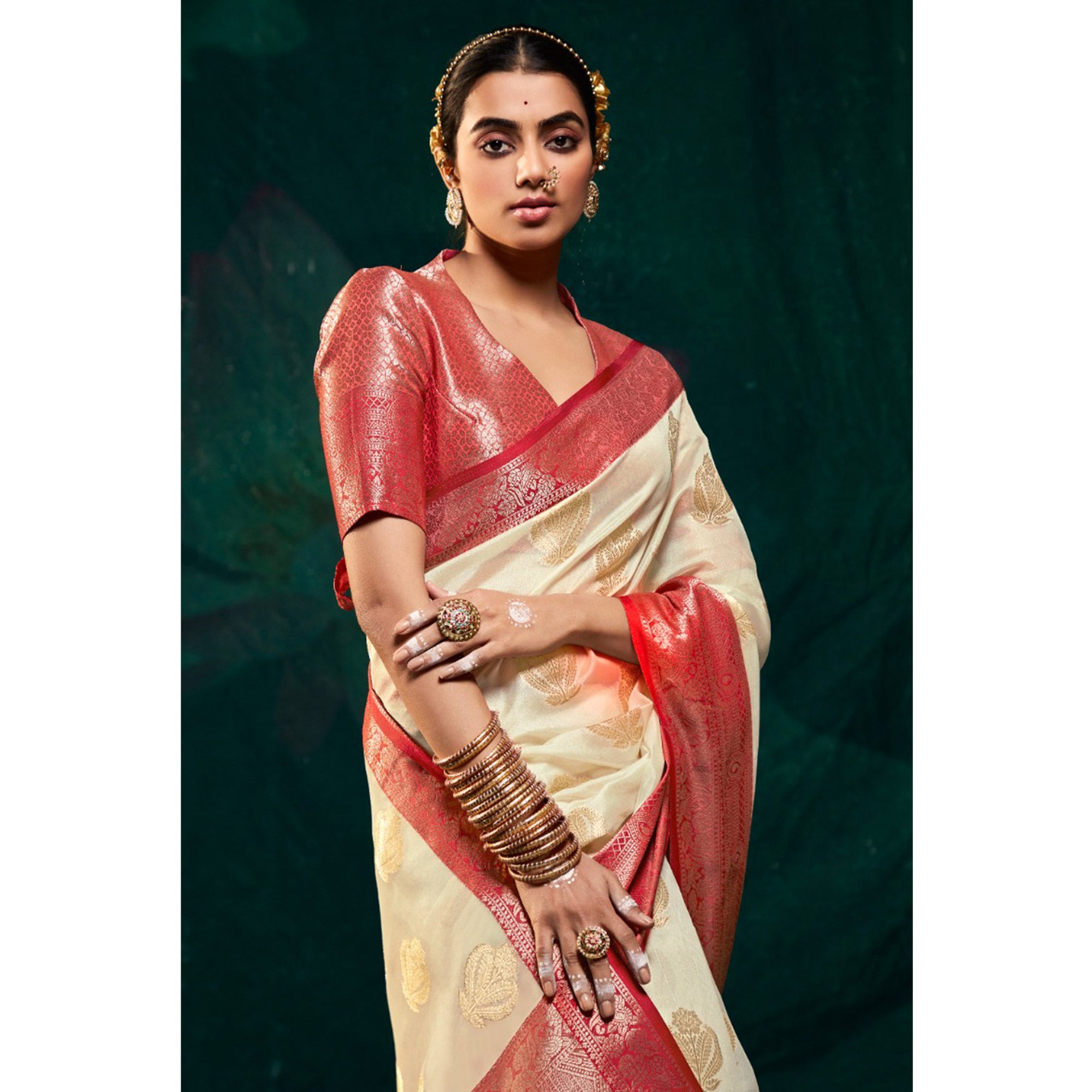 Off White Floral Woven Organza Saree