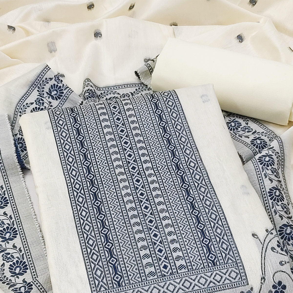 Cream & Blue Floral Woven Pure Cotton Dress Material