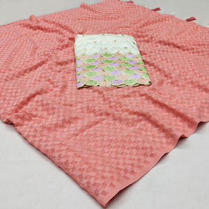 Peach Woven Jacquard Saree With Tassels