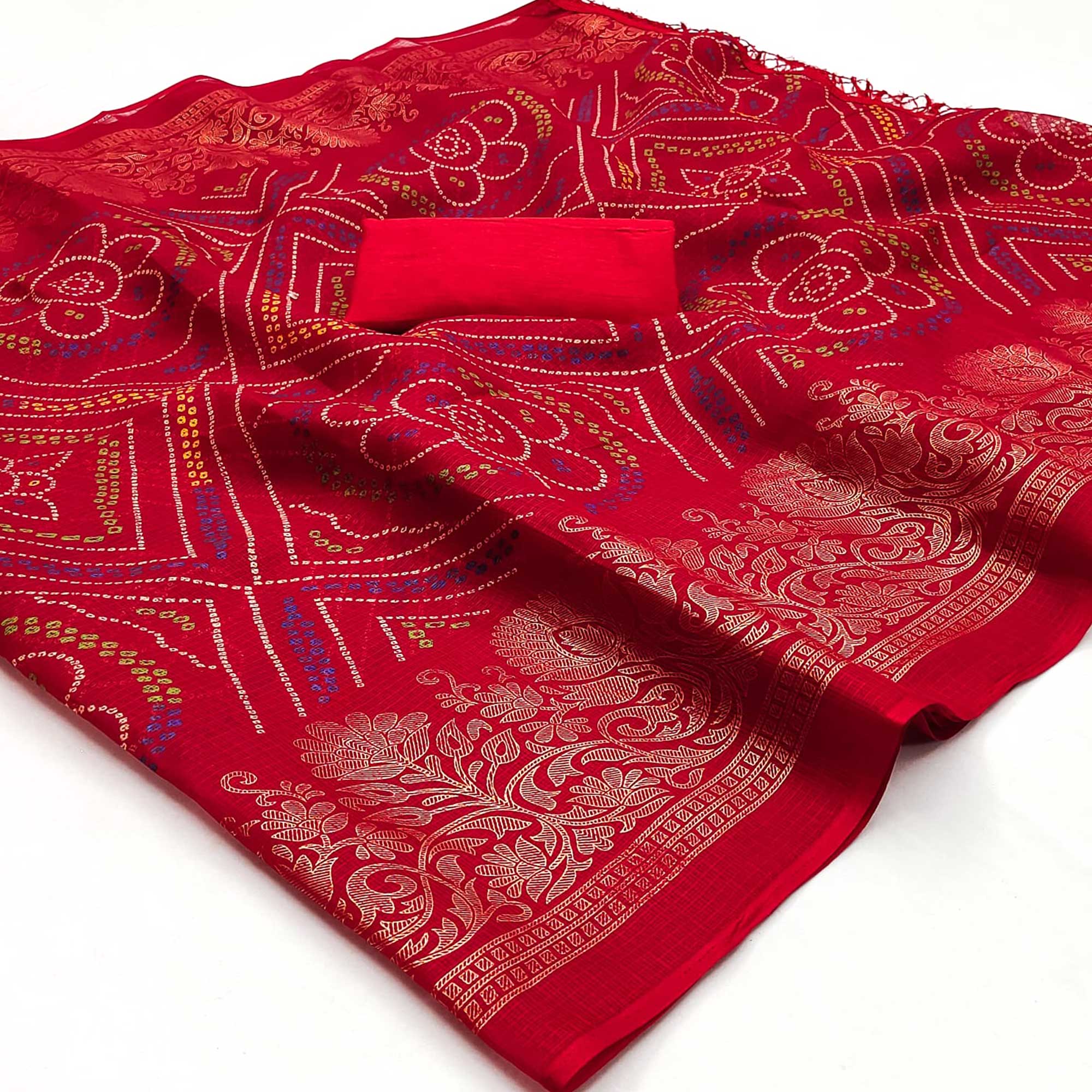 Red Foil Printed Kota Doria Saree