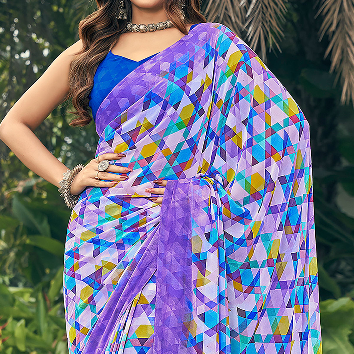 Multicolored Geometric Printed Georgette Saree