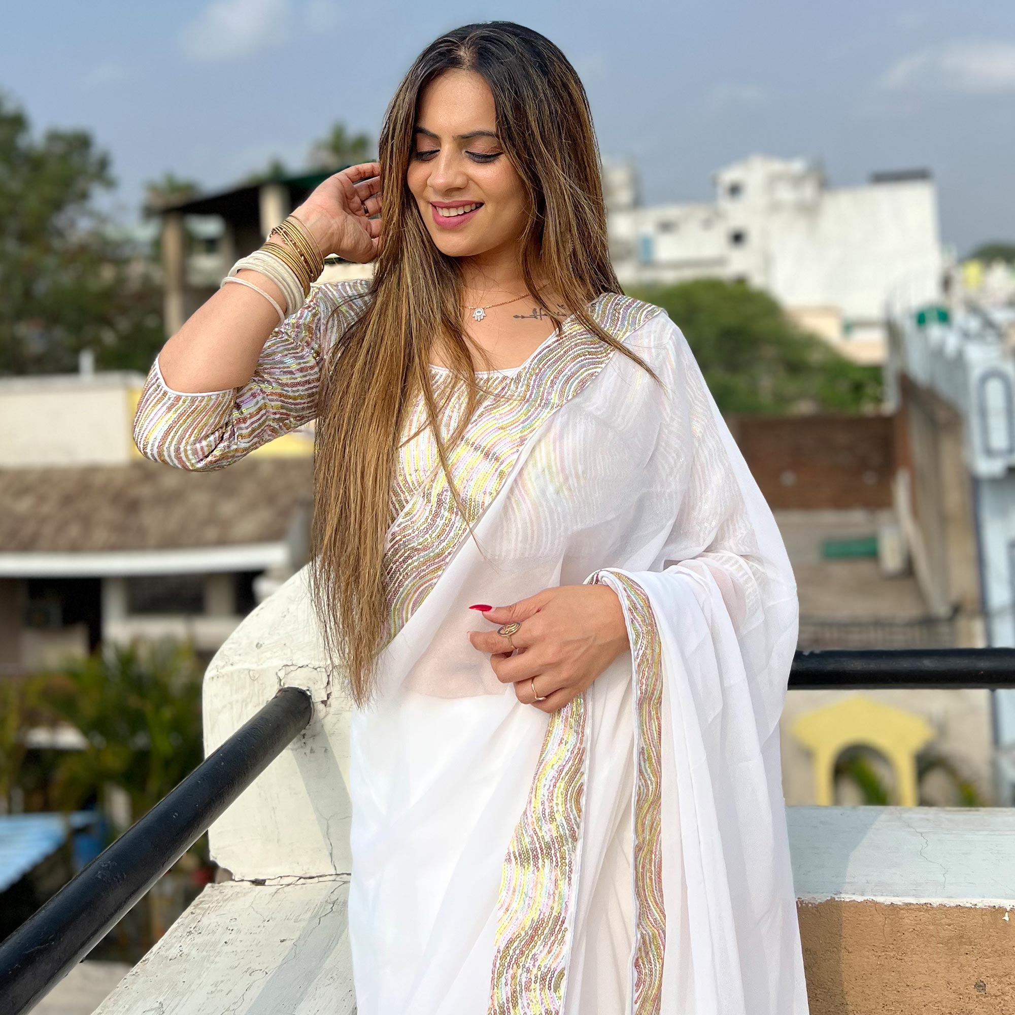 White Sequins Embroidered Georgette Saree