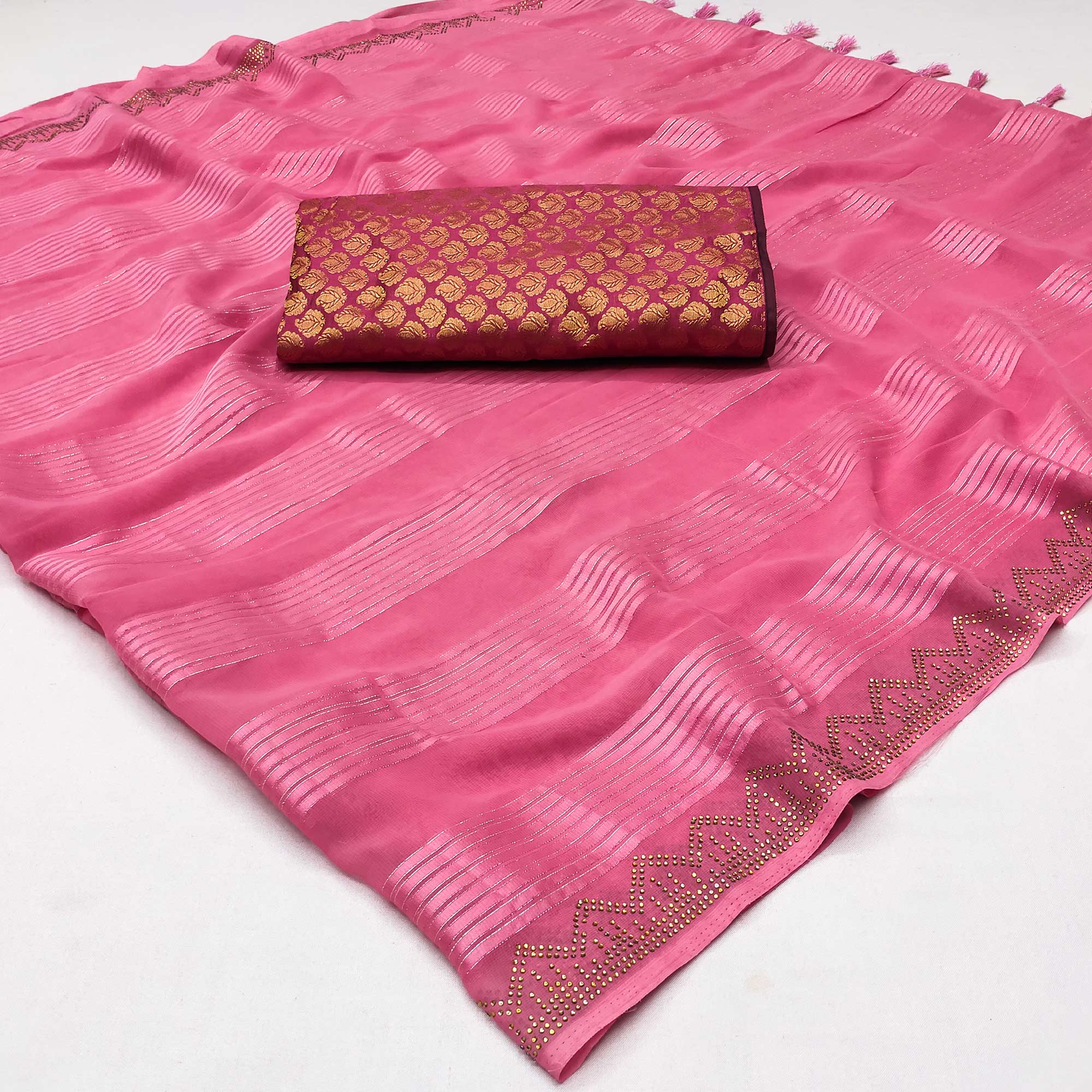 Pink Striped With Stone Work Georgette Saree - Image 1