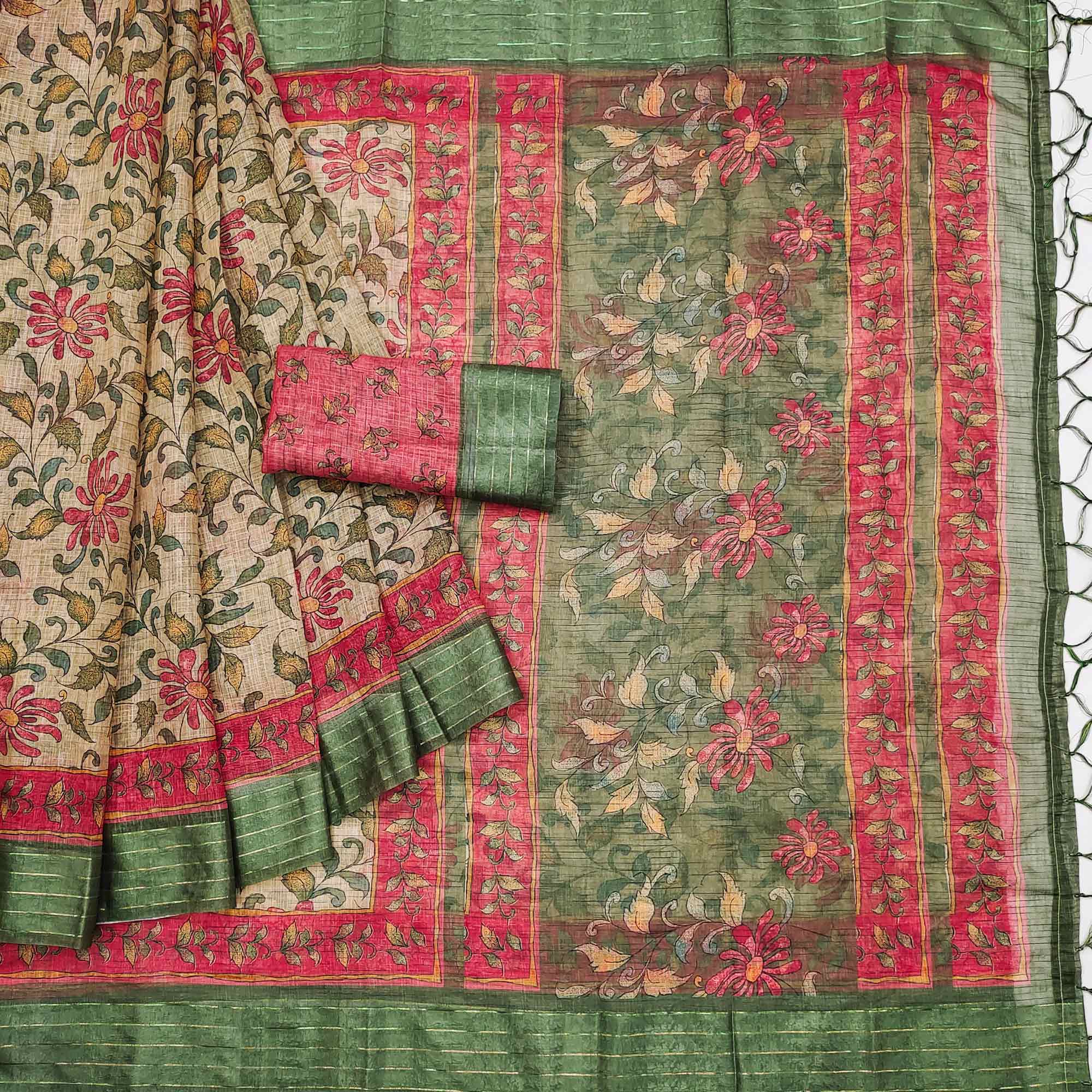 Green Floral Digital Printed Cotton Blend Saree
