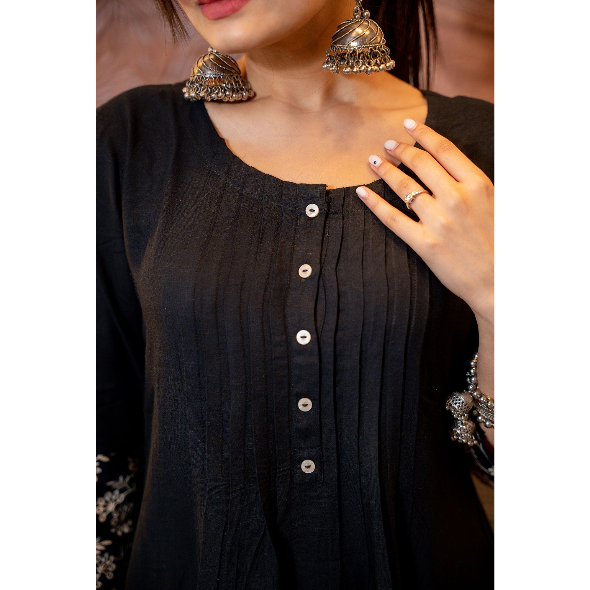 Black Floral Embroidered Rayon Dress