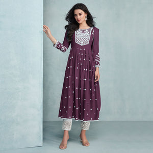 Wine Lucknowi Work Rayon Naira Cut Suit