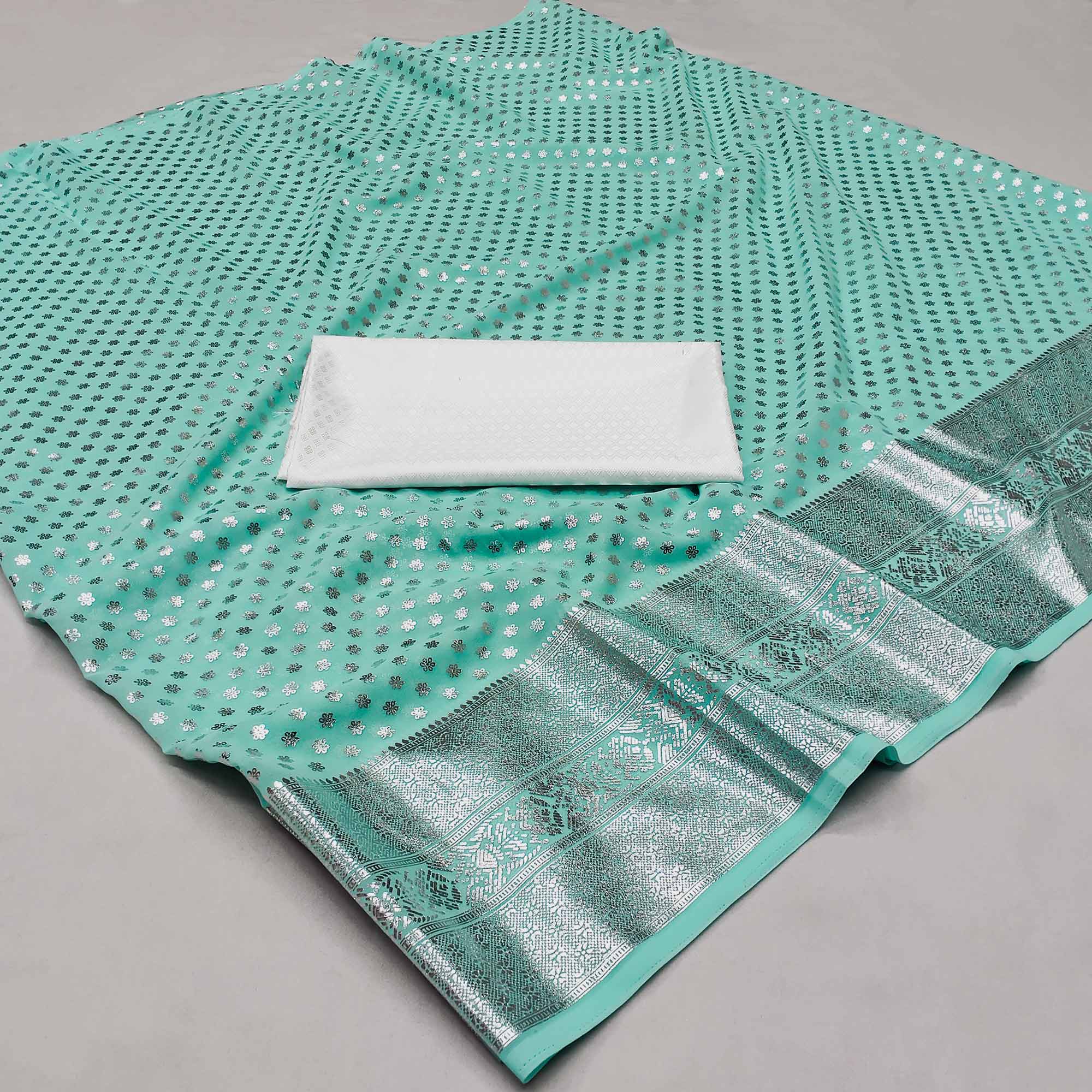 Sea Green Foil Printed Georgette Saree