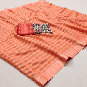 Peach Checks Pattern Satin Saree