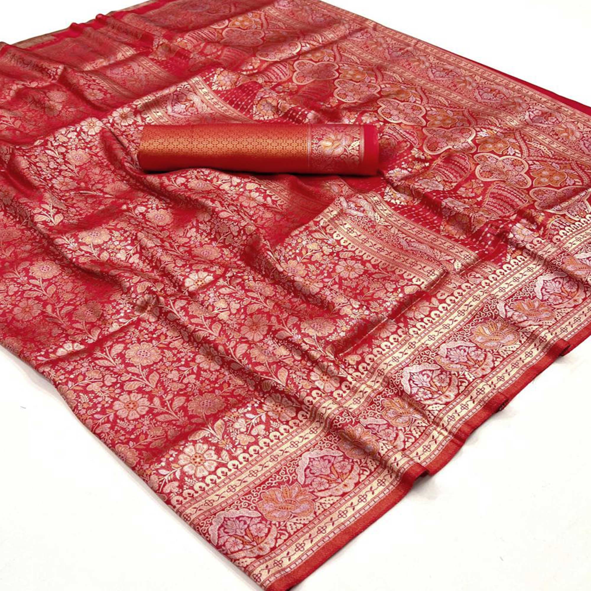 Red Floral Woven Art Silk Saree