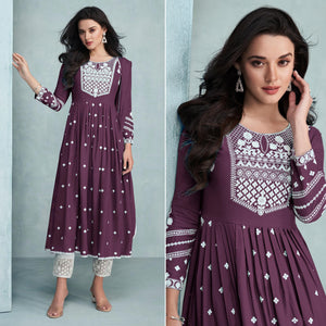 Wine Lucknowi Work Rayon Naira Cut Suit