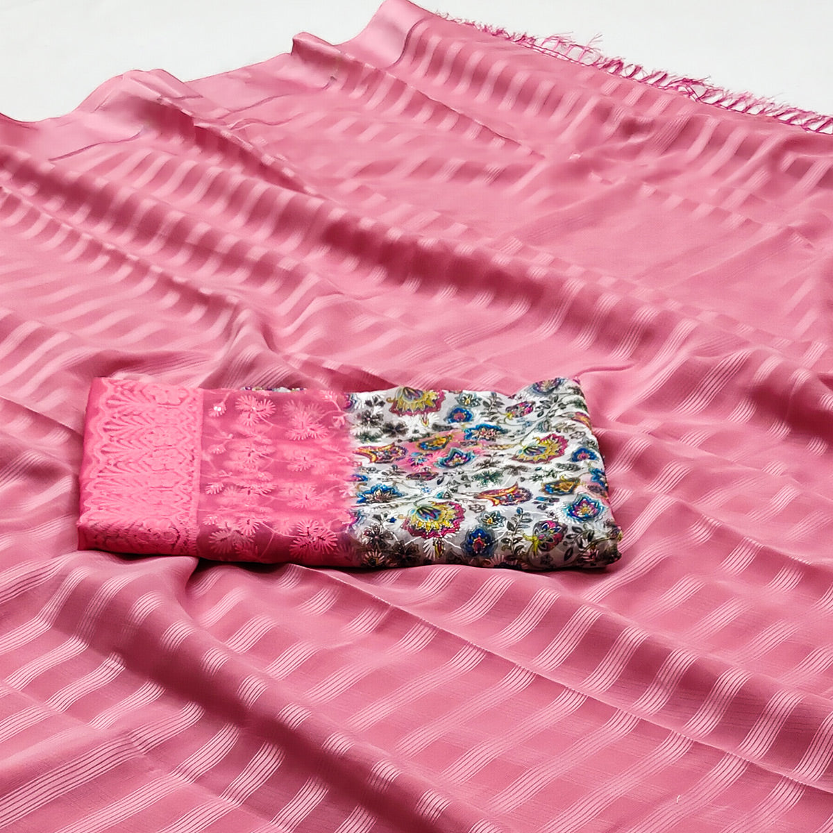 Pink Checks Pattern Satin Saree