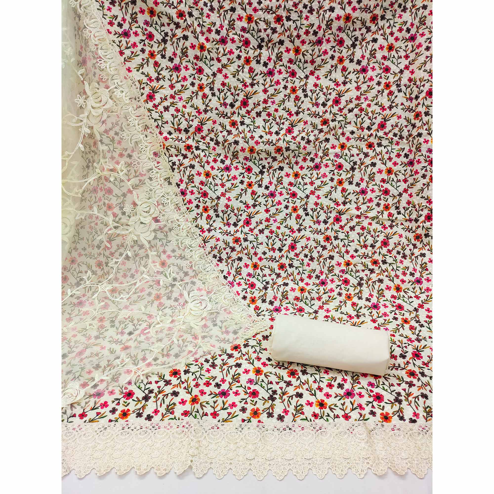 White Lucknowi With Printed Cotton Dress Material