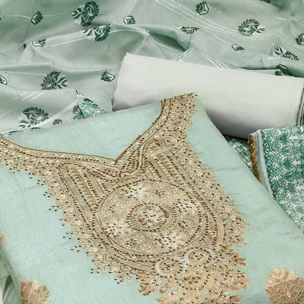 Sea Green Woven Banarasi Silk Dress Material