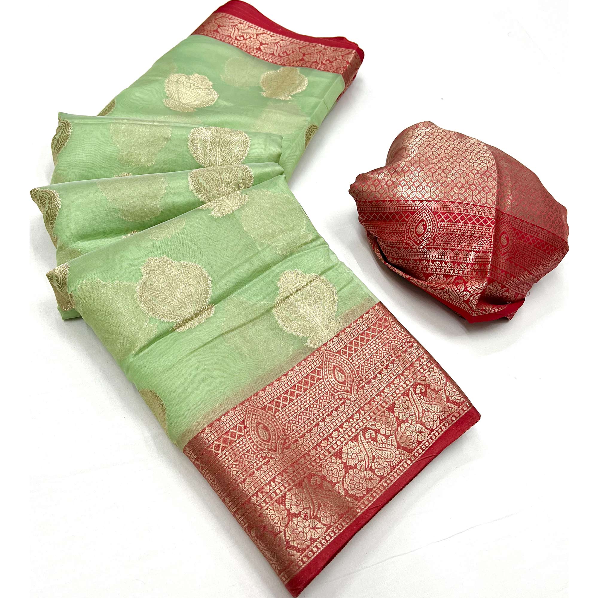 Pista Green Floral Woven Organza Saree