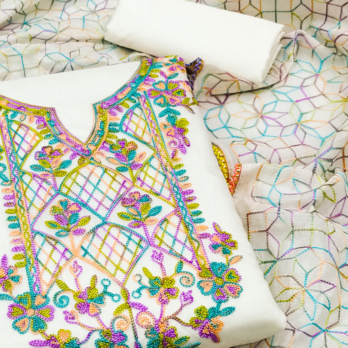 White Floral Embroidered Chanderi Dress Material