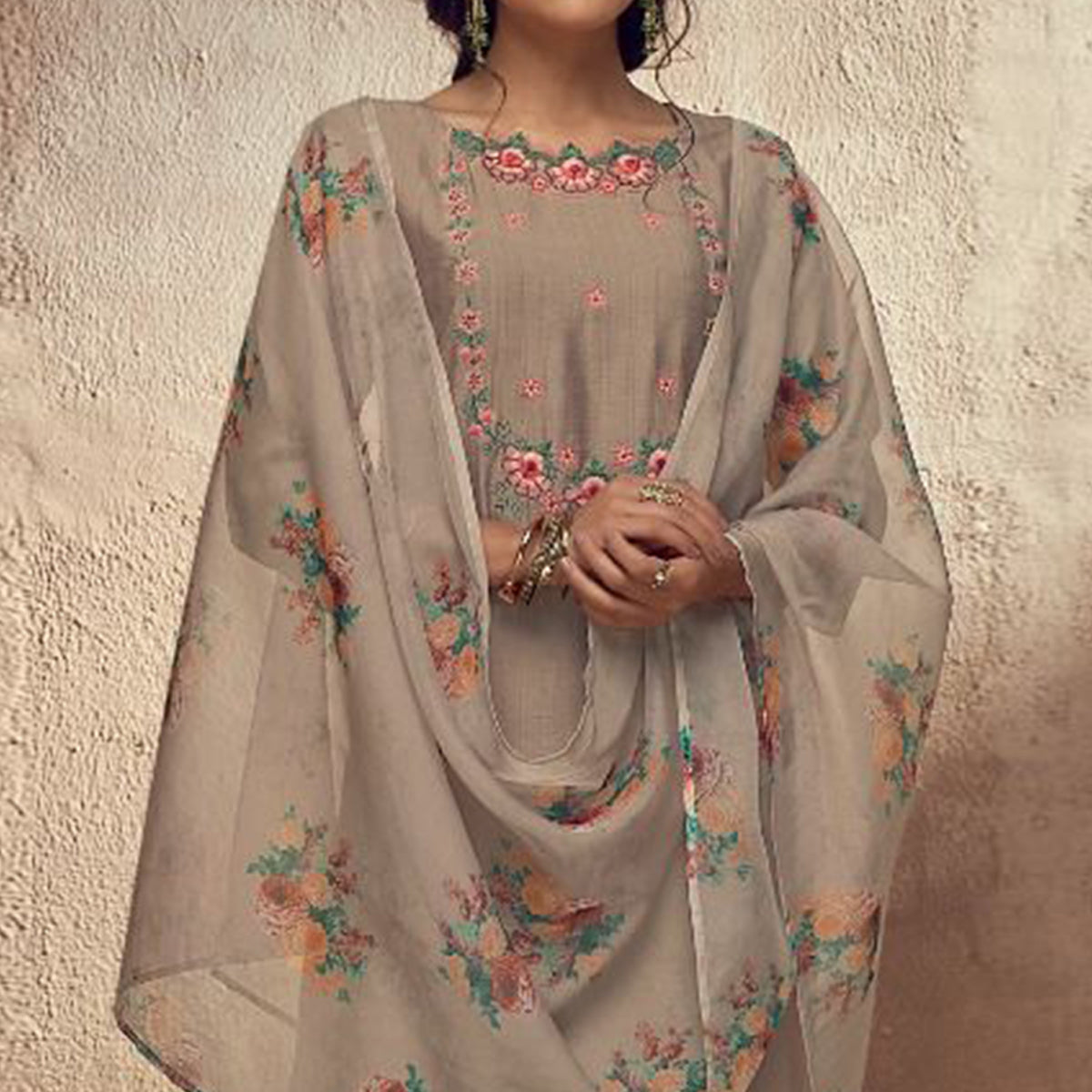 Brown Floral Embroidered Viscose Suit