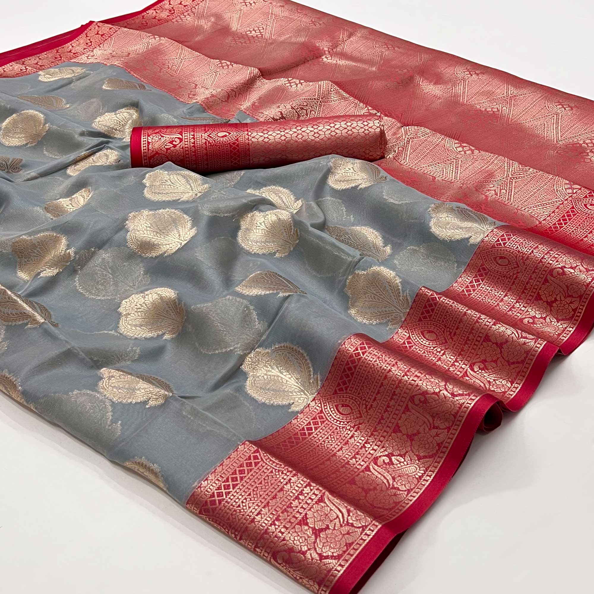 Grey Floral Woven Organza Saree