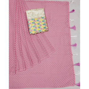 Pink Woven Jacquard Saree With Tassels
