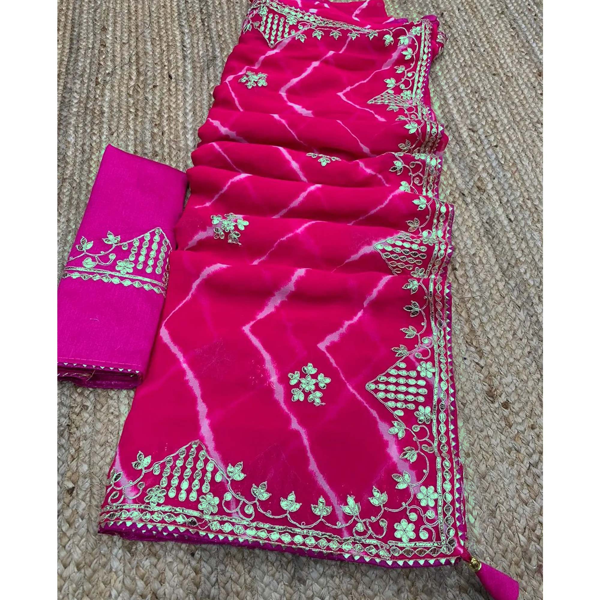 Pink Printed With Gota Work Georgette Saree