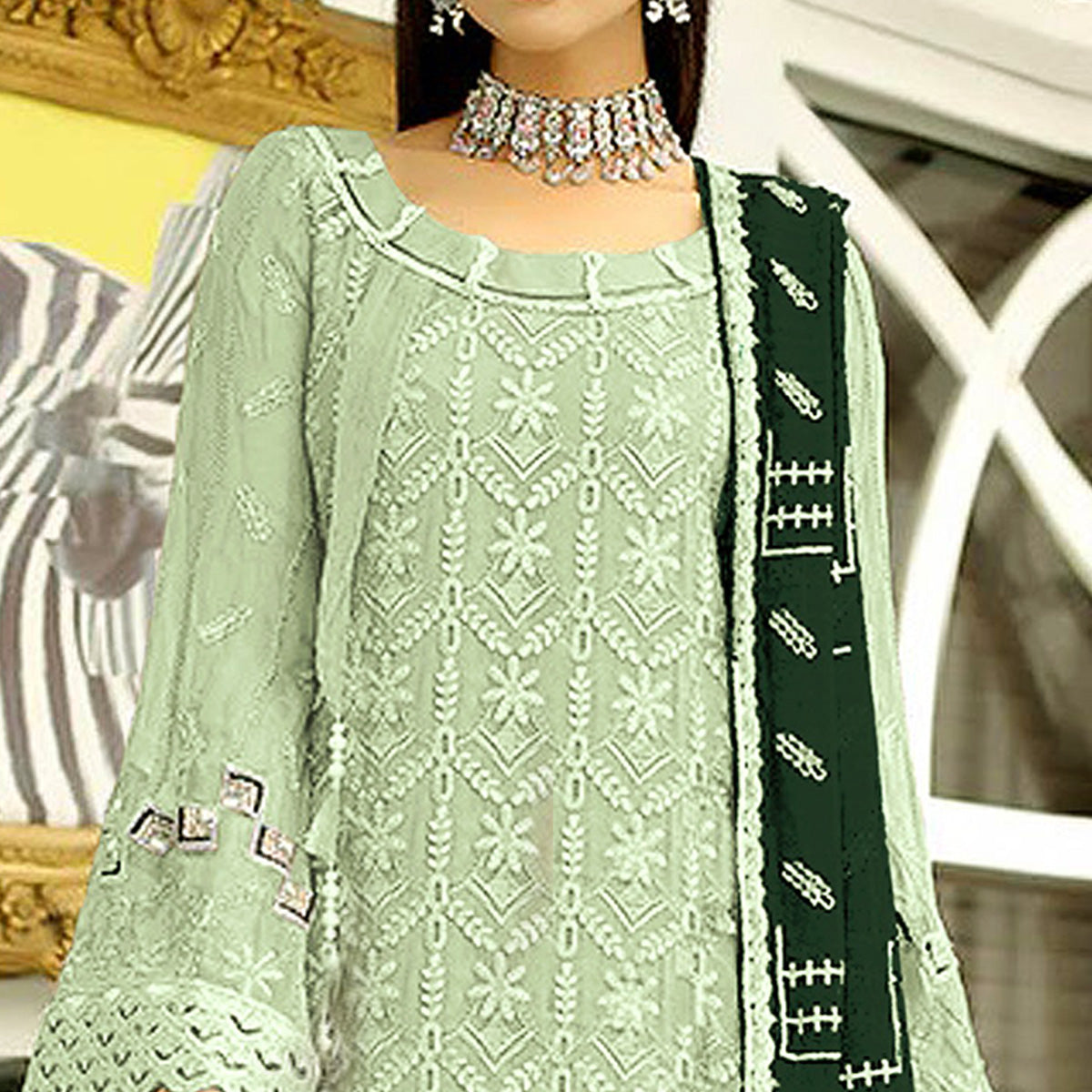 Green Floral Embroidered Georgette Pakistani Suit