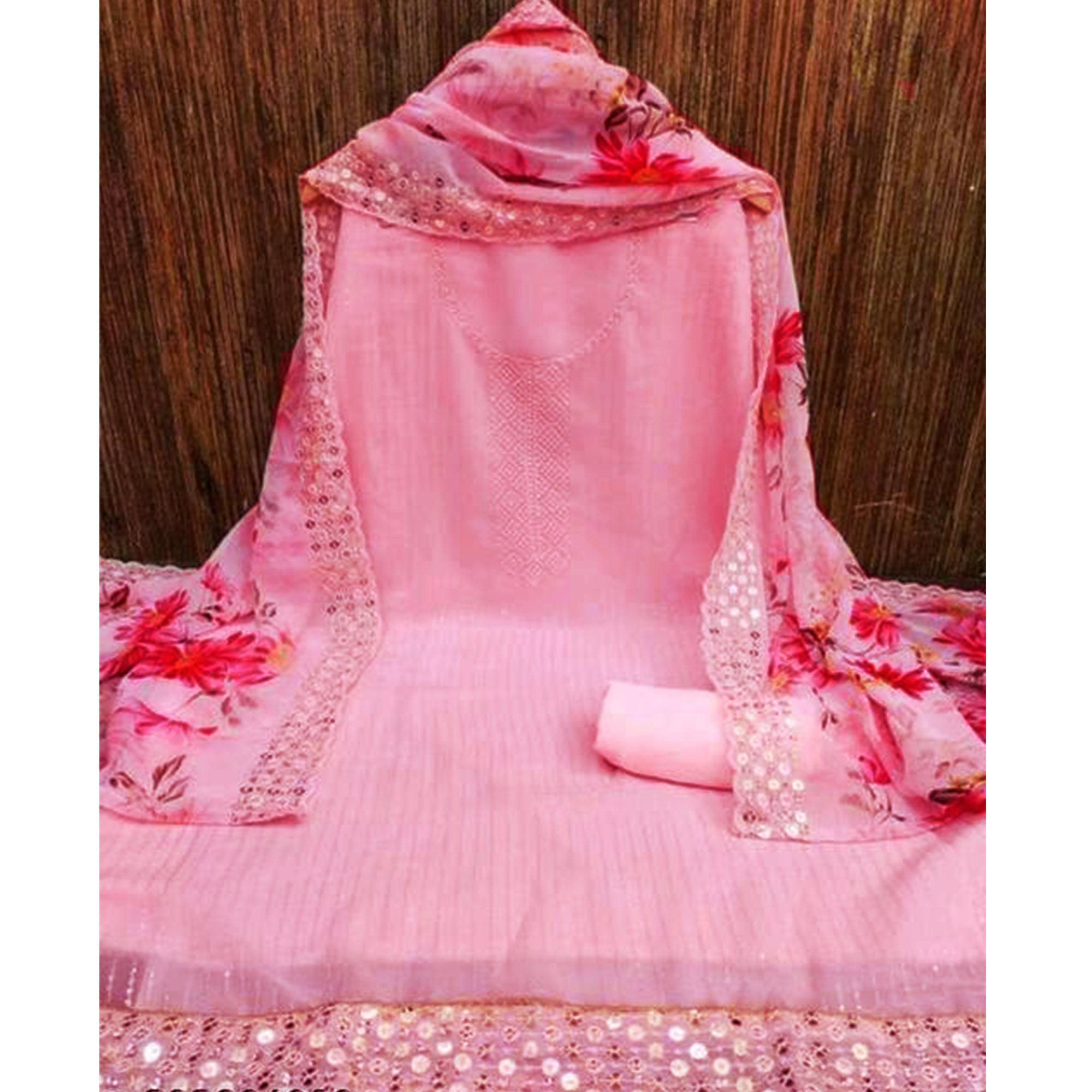 Pink Sequins Embroidered Georgette Dress Material