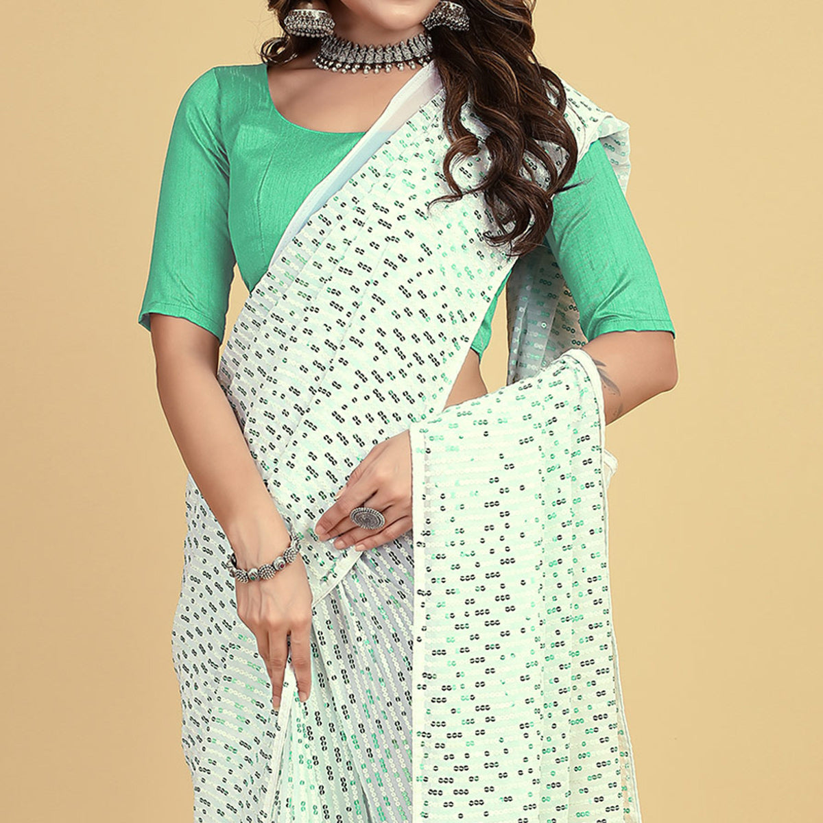 White & Sea Green Sequins Embroidered Georgette Saree