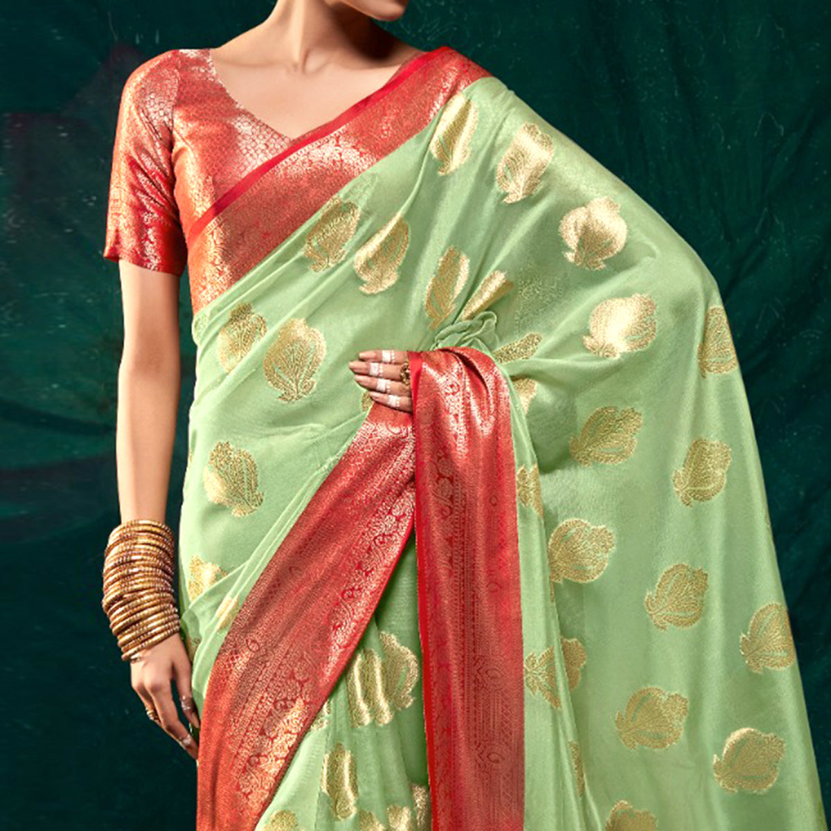 Pista Green Floral Woven Organza Saree