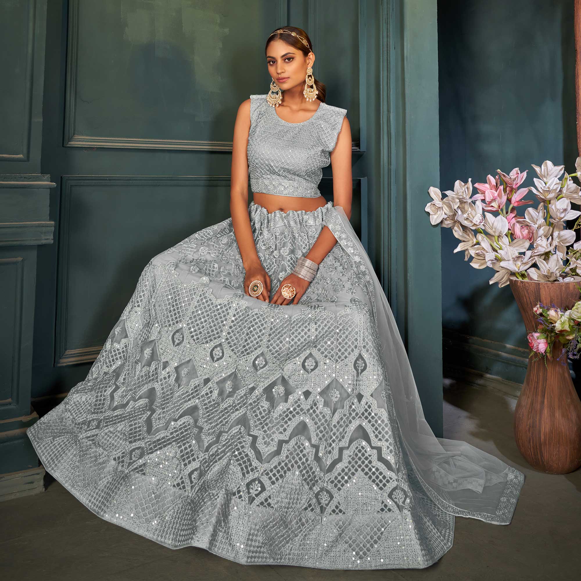 Grey Sequins Embroidered Netted Lehenga Choli - Image 5