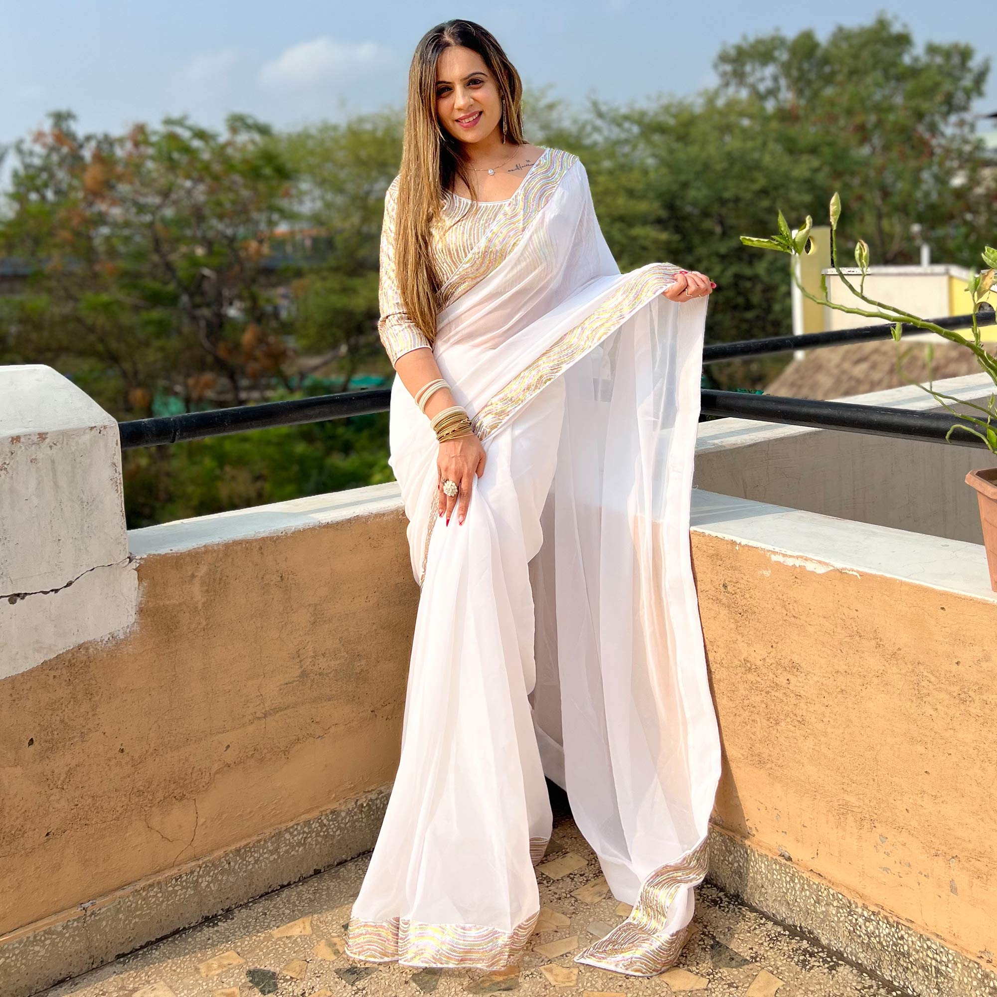 White Sequins Embroidered Georgette Saree