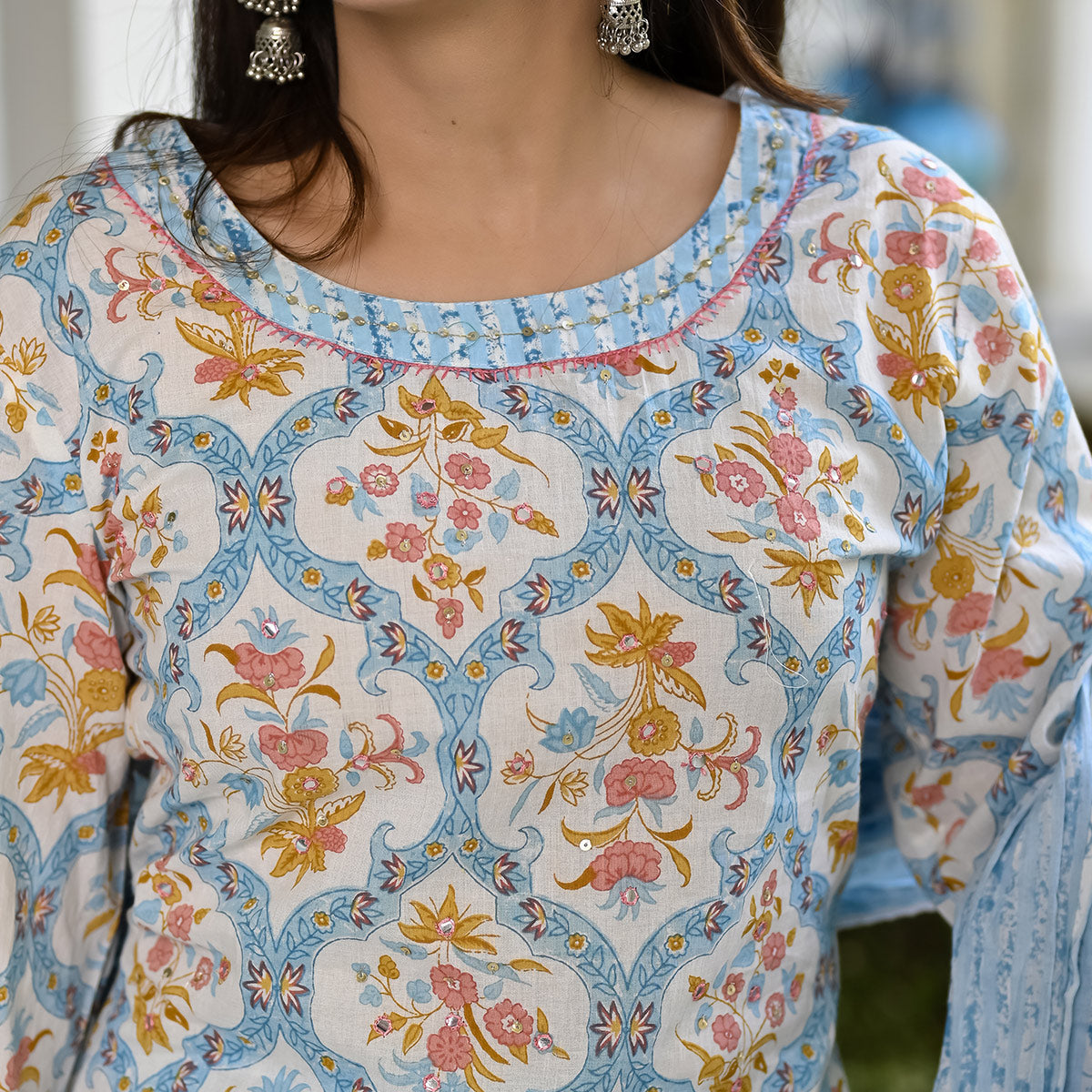 Blue Floral Printed Pure Cotton Suit