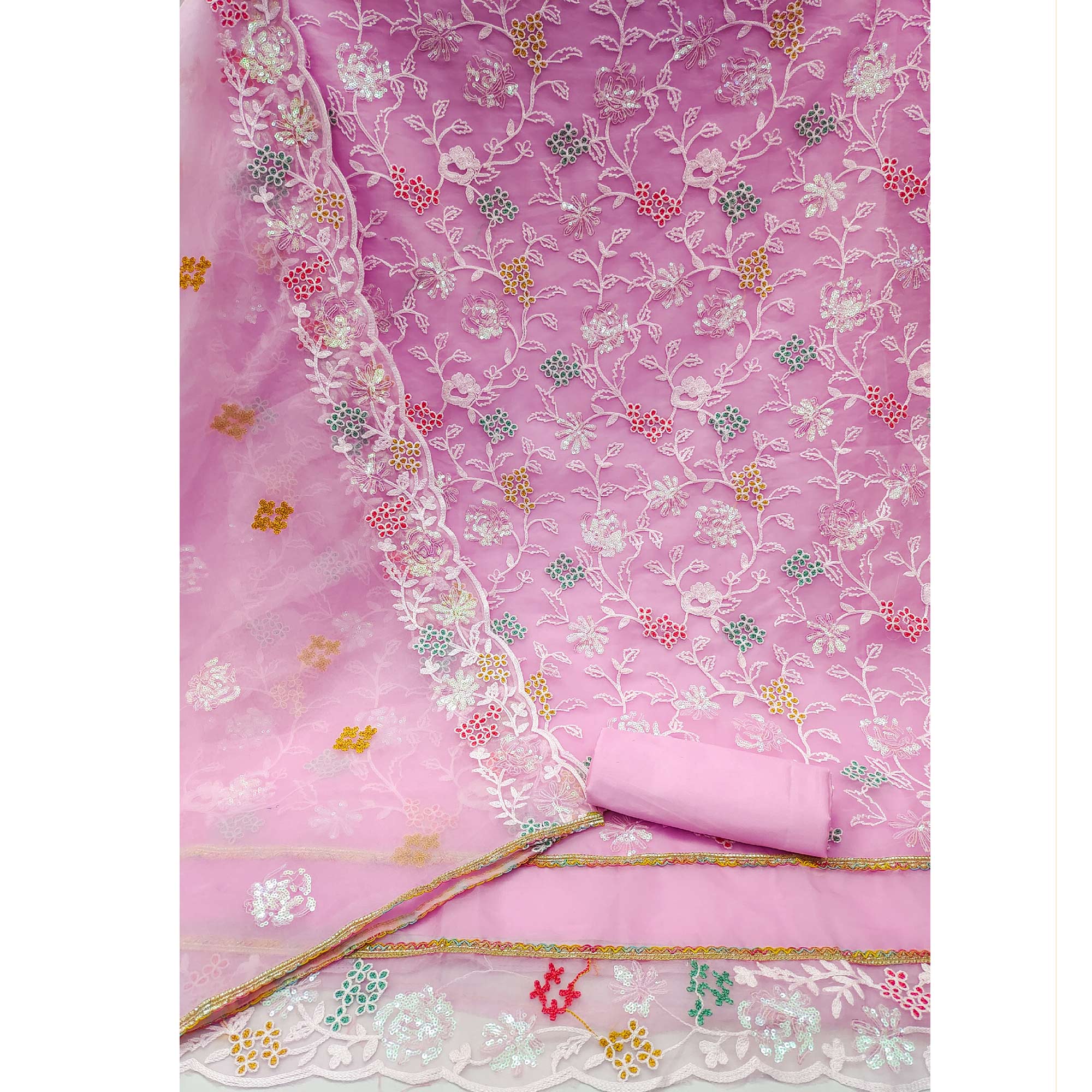 Pink Sequins Embroidered Organza Dress Material