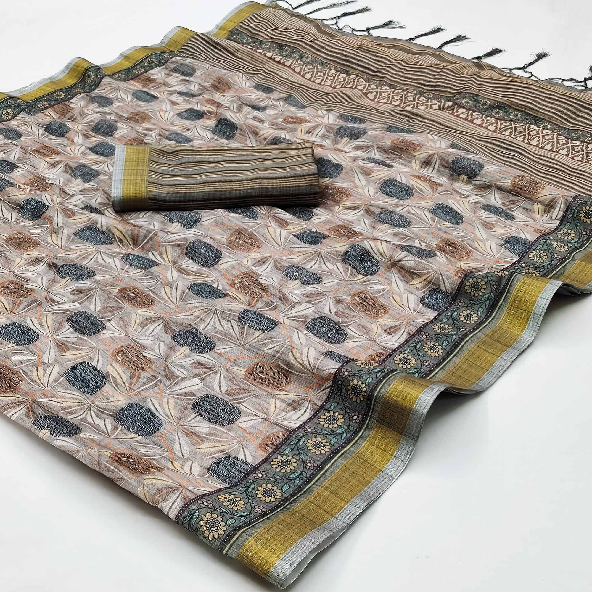 Grey Floral Digital Printed Linen Saree