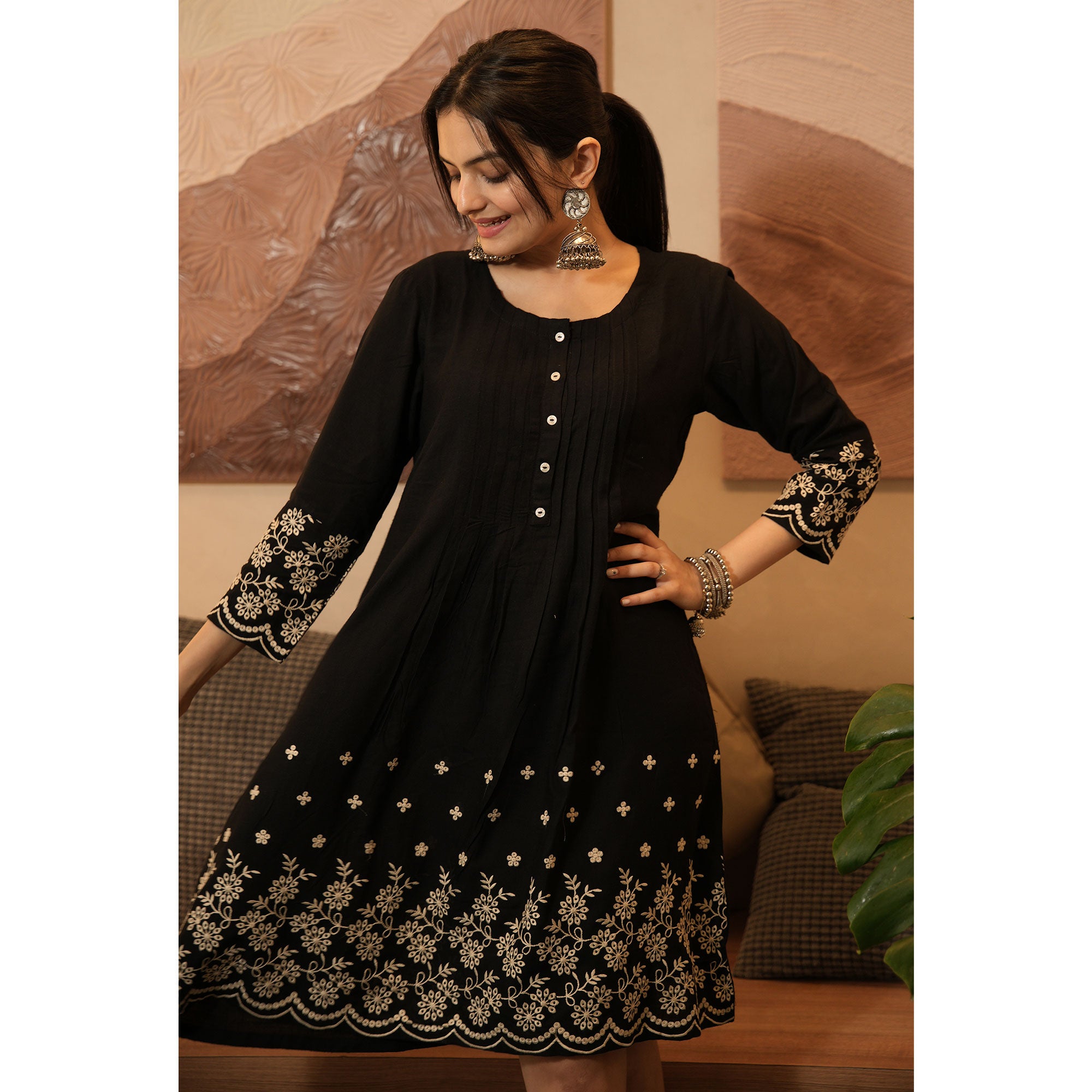 Black Floral Embroidered Rayon Dress