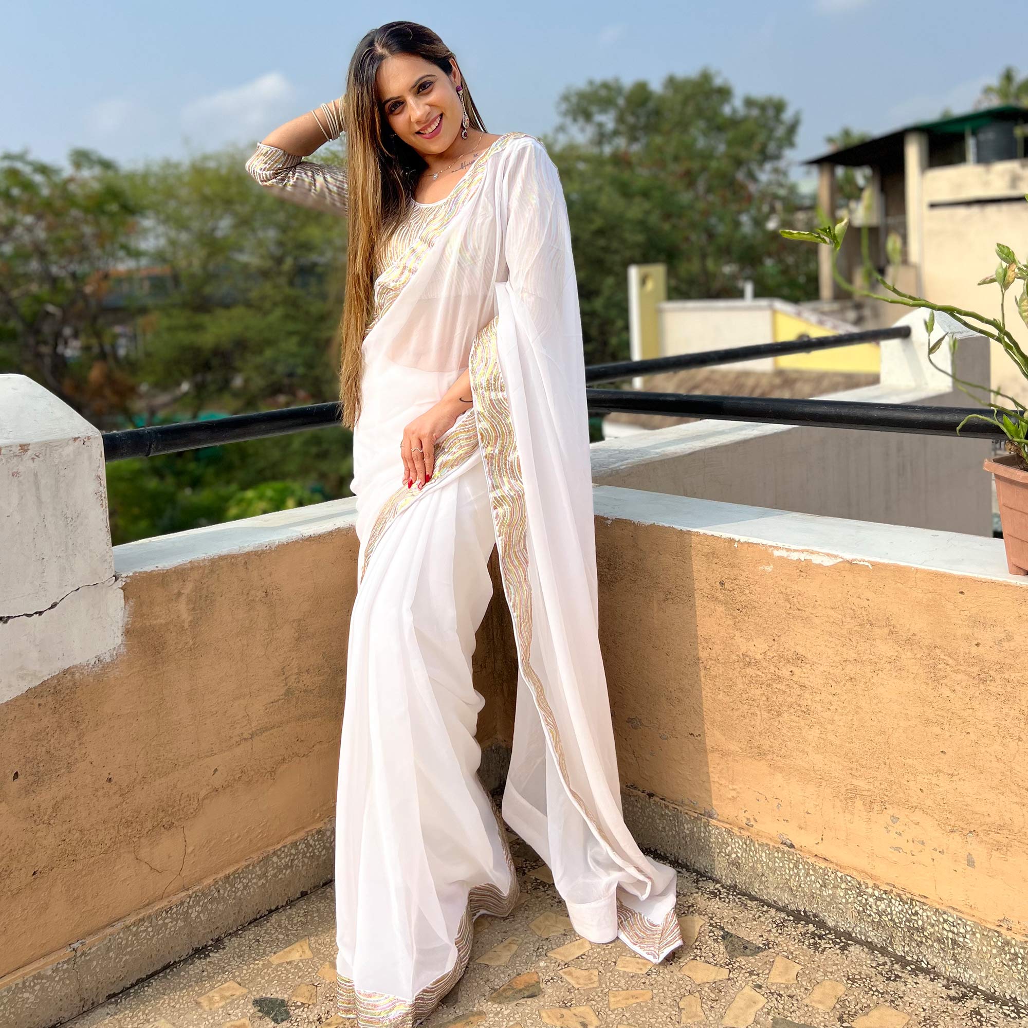 White Sequins Embroidered Georgette Saree