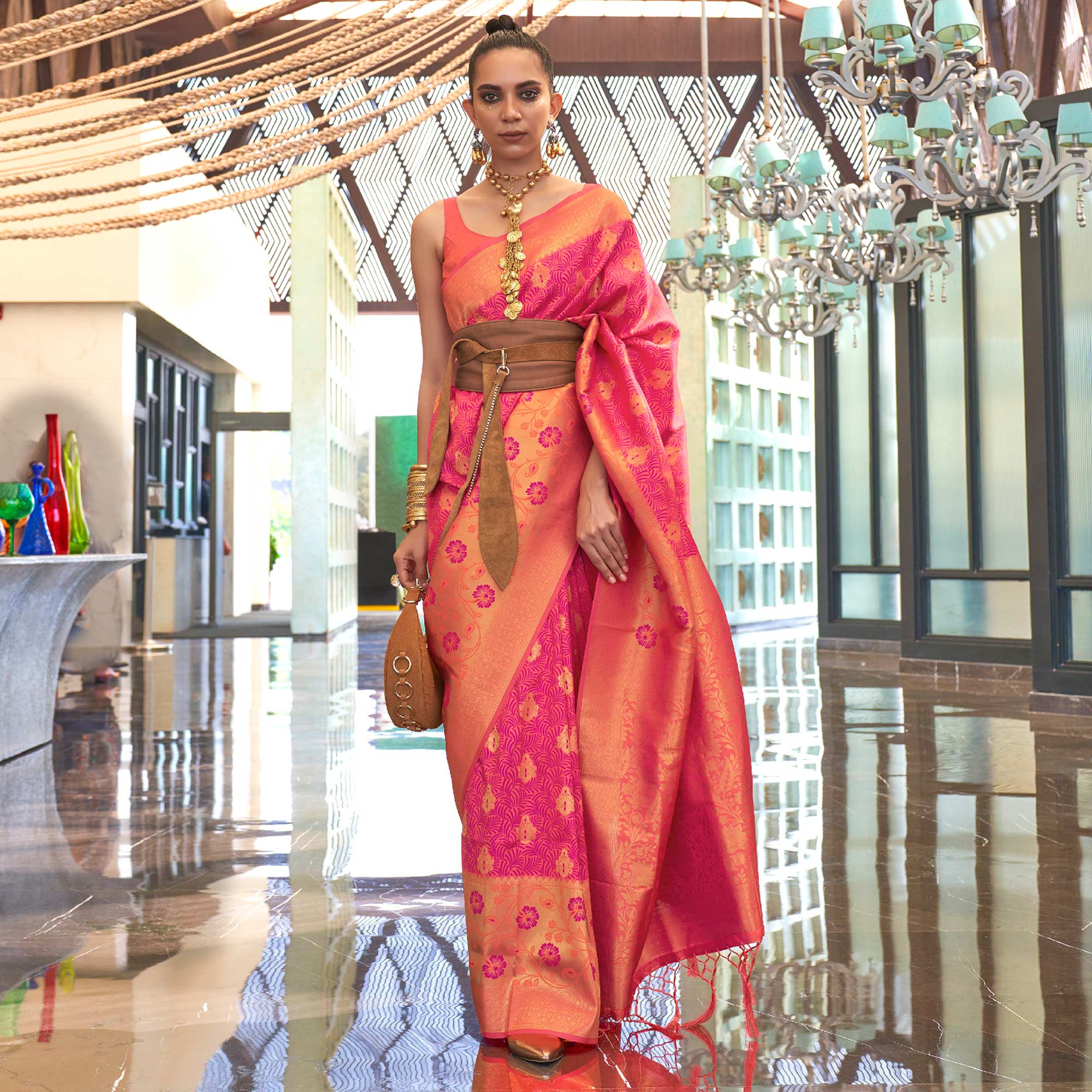 Pink Floral Woven Art Silk Saree With Tassels