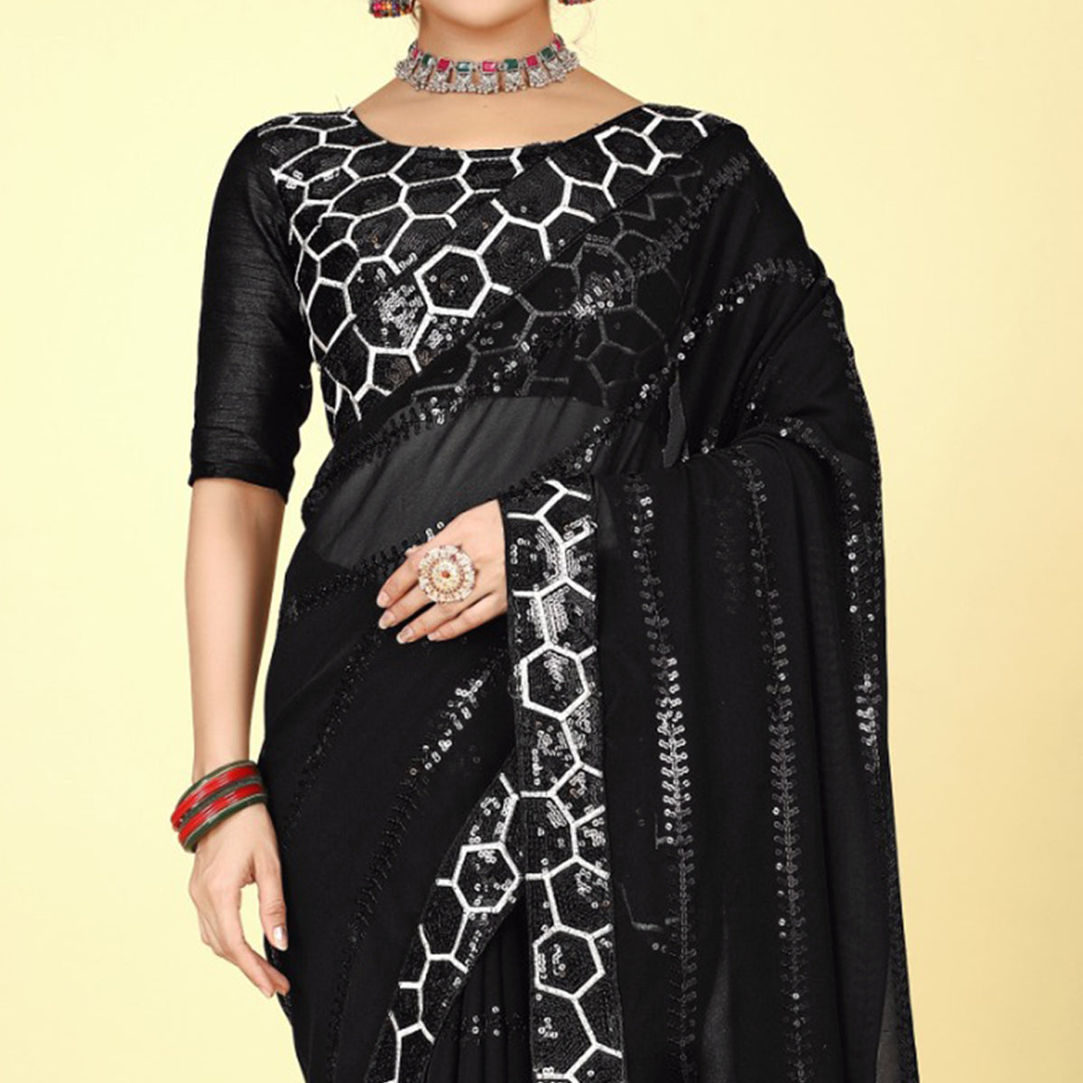 Black Sequins Embroidered Georgette Saree - Image 1