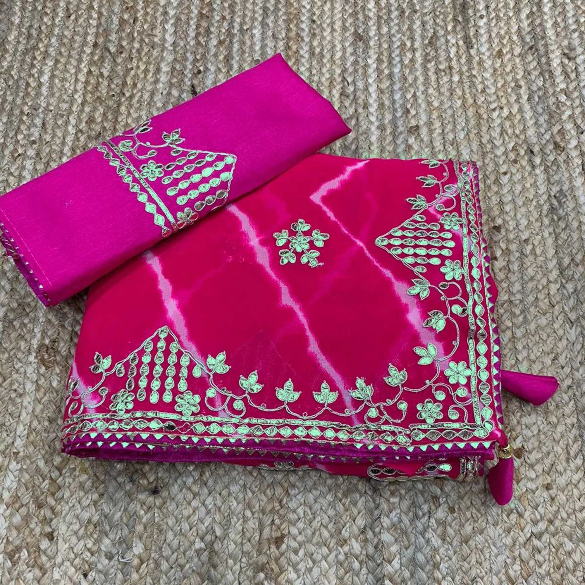 Pink Printed With Gota Work Georgette Saree