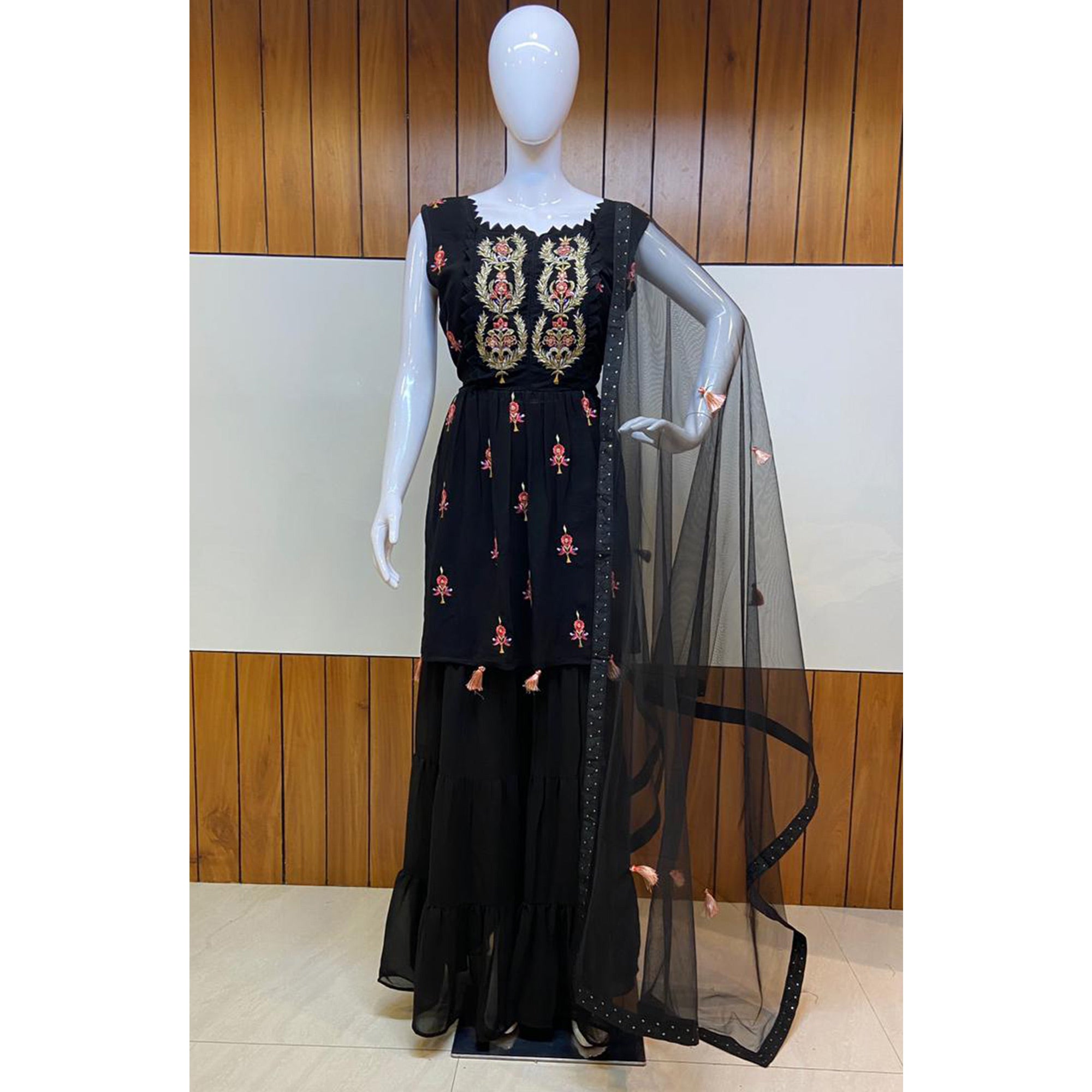 Black Floral Embroidered Georgette Sharara Suit