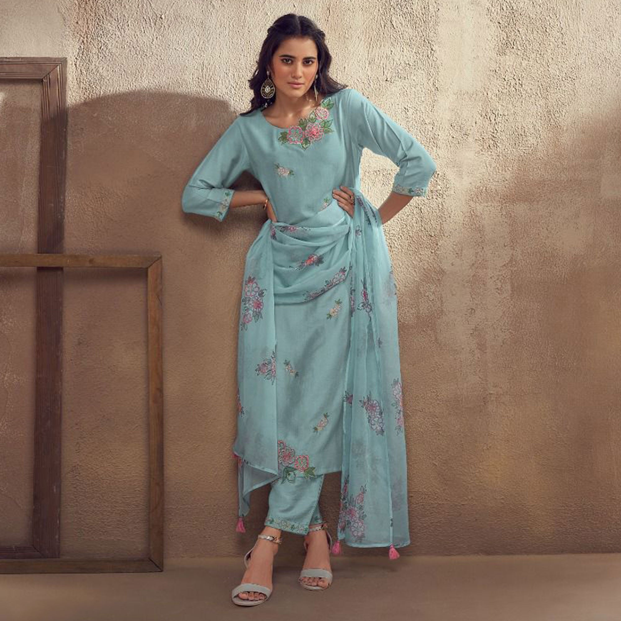 Blue Floral Embroidered Viscose Suit