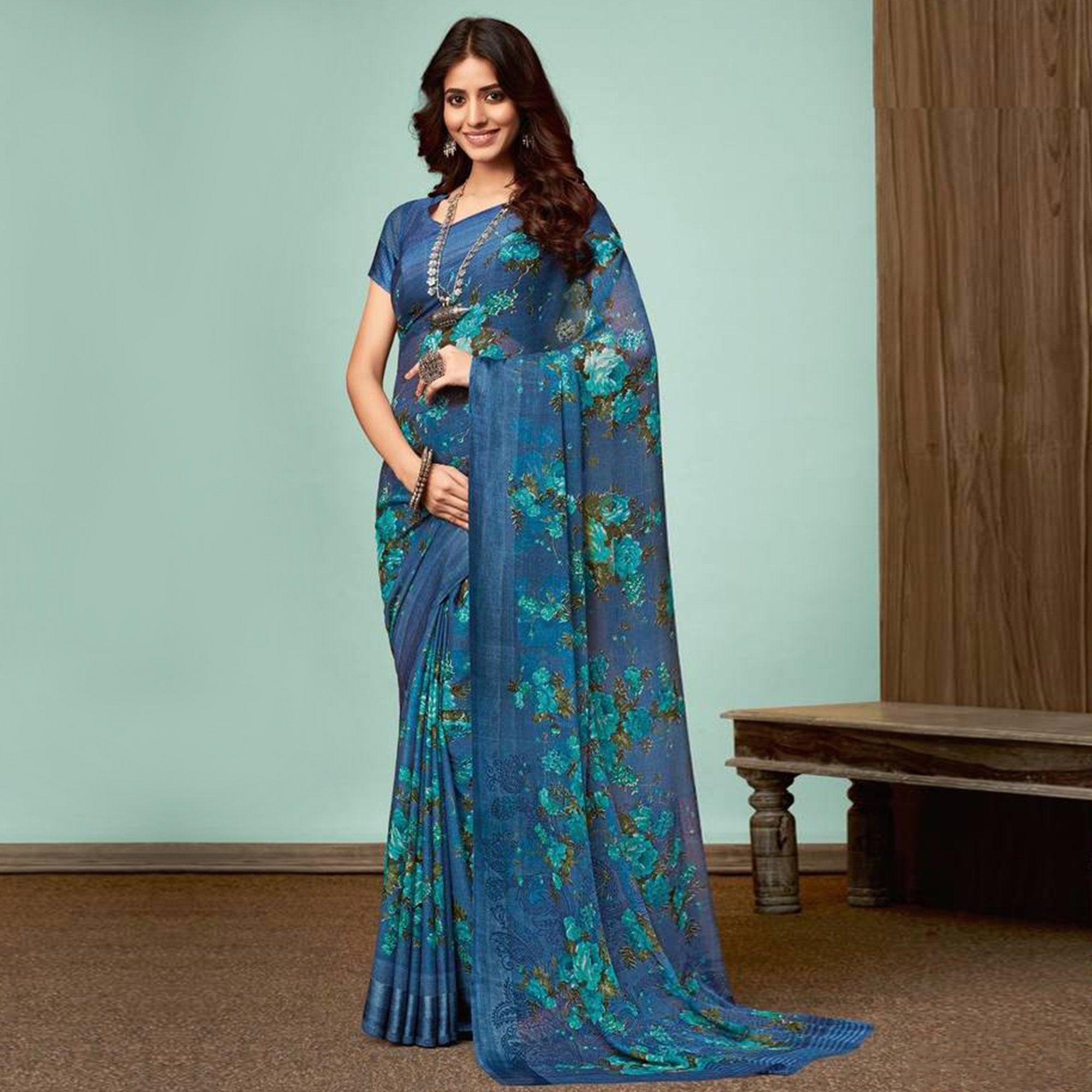 Blue Floral Printed Georgette Saree