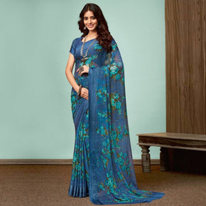 Blue Floral Printed Georgette Saree