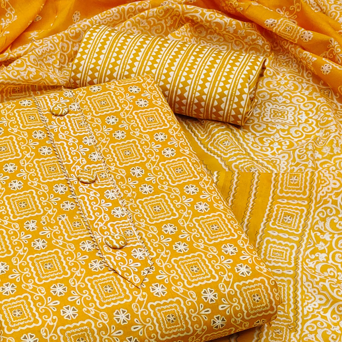Yellow Floral Printed Cotton Dress Material