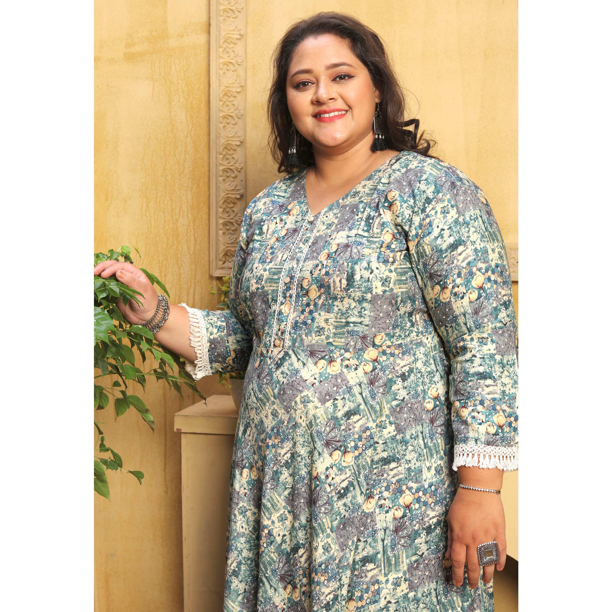 Green Floral Printed Rayon Long Kurti