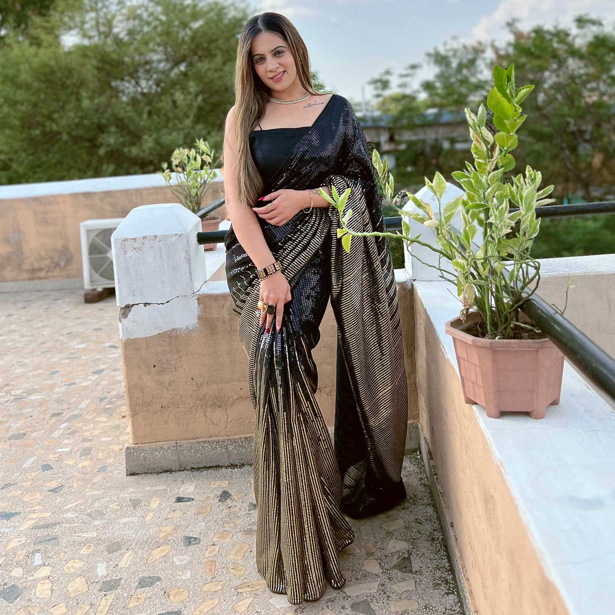 Black Sequins Embroidered Georgette Saree - Image 4