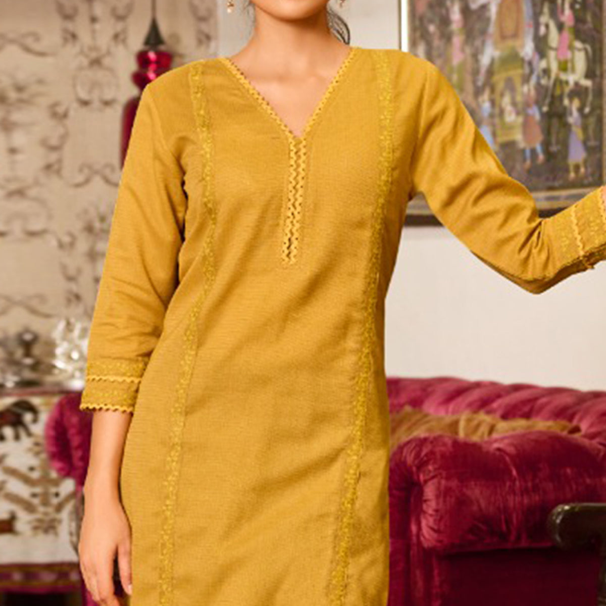 Mustard Embroidered Pure Cotton Kurti