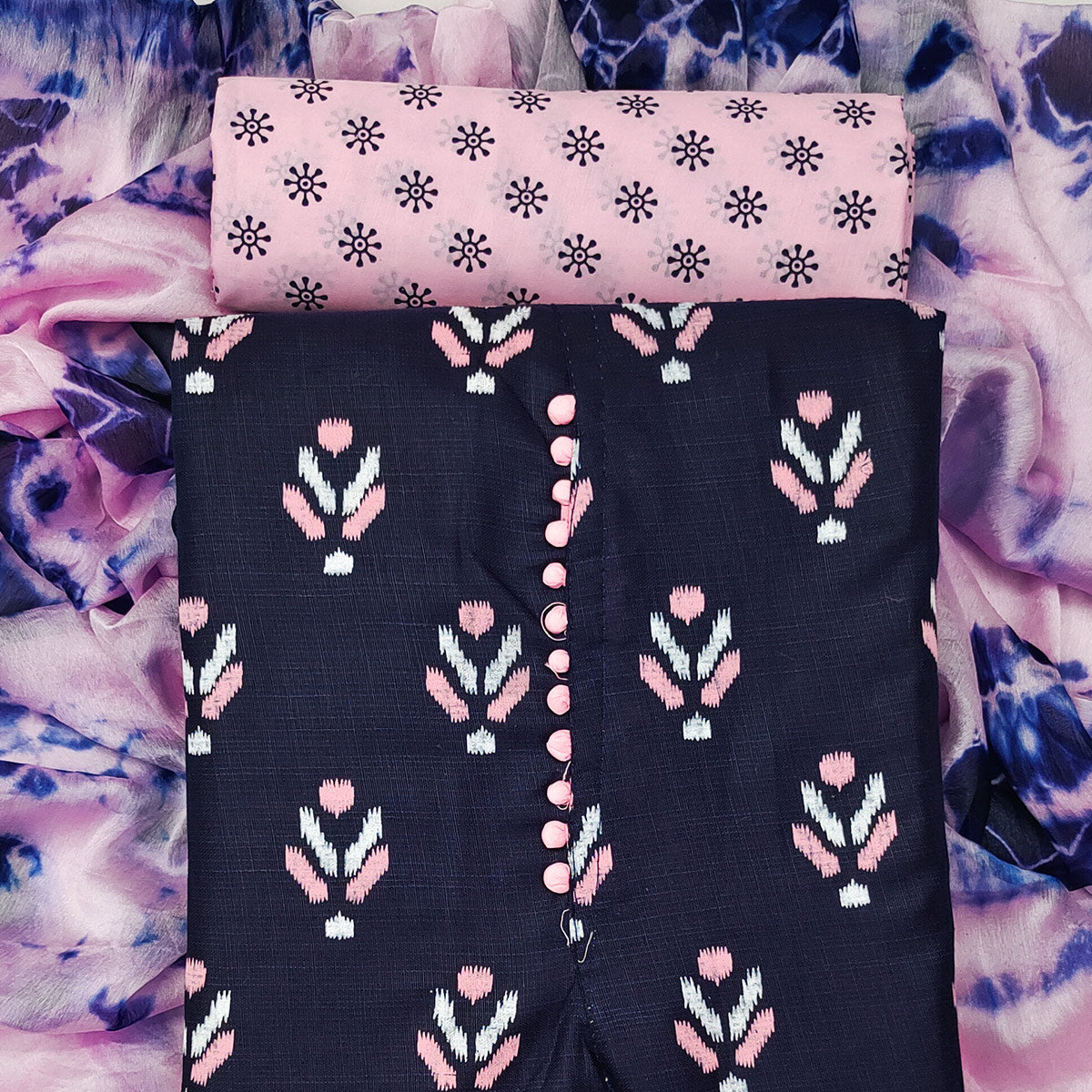 Navy Blue Ikkat Printed Cotton Blend Dress Material - Image 5