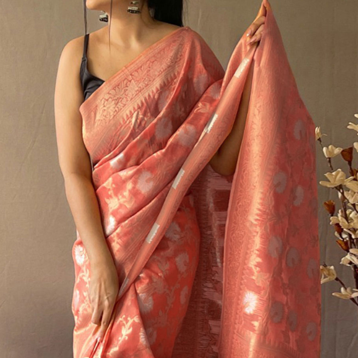 Peach Floral Woven Linen Saree