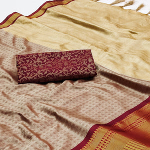 Brown Woven Cotton Silk Saree With Tassels