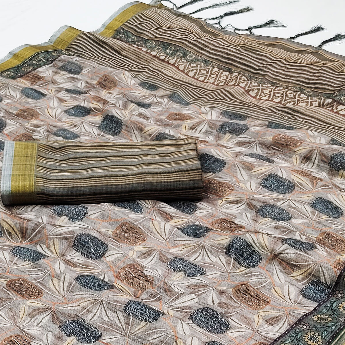 Grey Floral Digital Printed Linen Saree